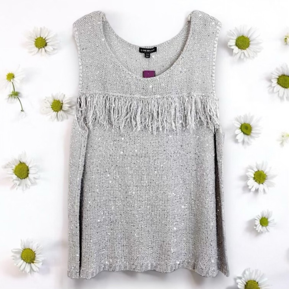 Lane Bryant Silver Fringe Tank Plus Size 22W Metallic Knit Top Sleeveless Silver